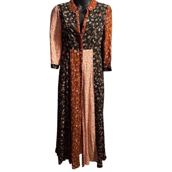 ZARA WOMAN M Maxi Long Sleeve Floral Patchwork Colorblock Shirt Kimono Dress - Picture 2 of 12